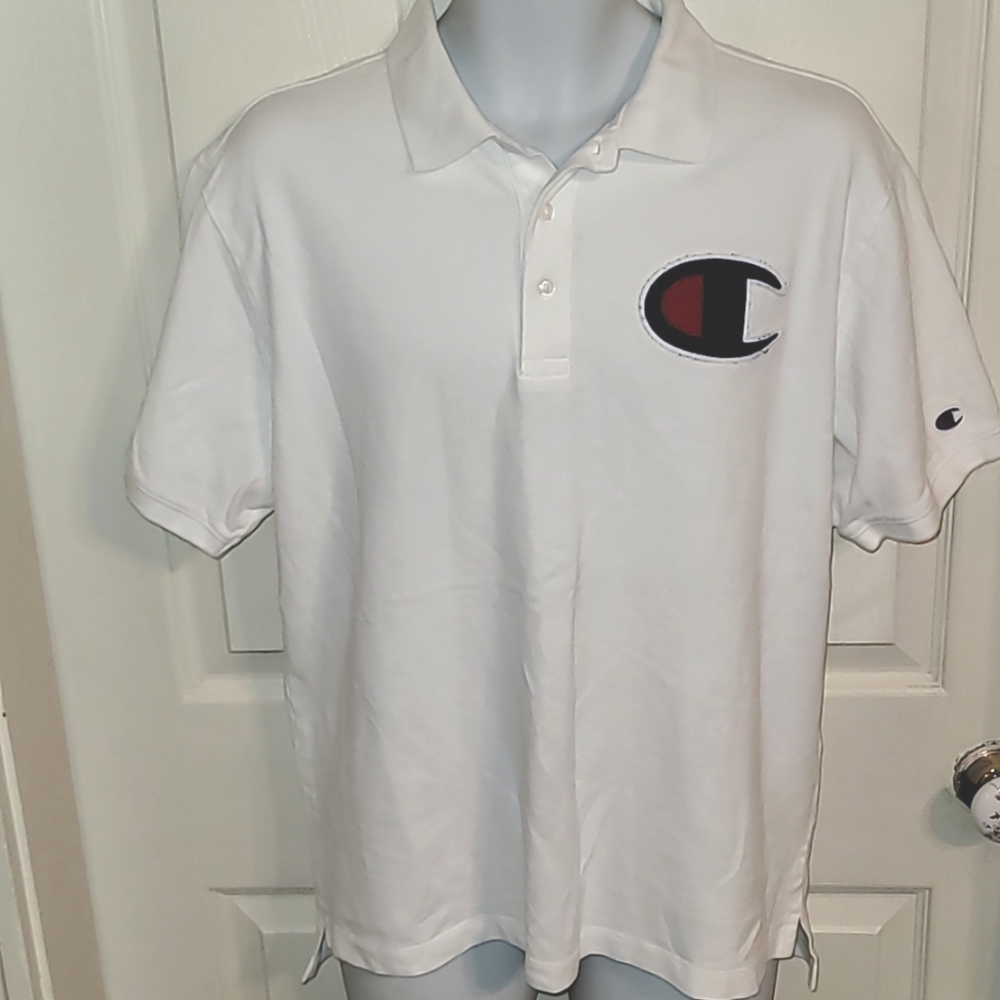Champion Polo Shirt Short Sleeve Embroidered Spellout Logo Patch Large